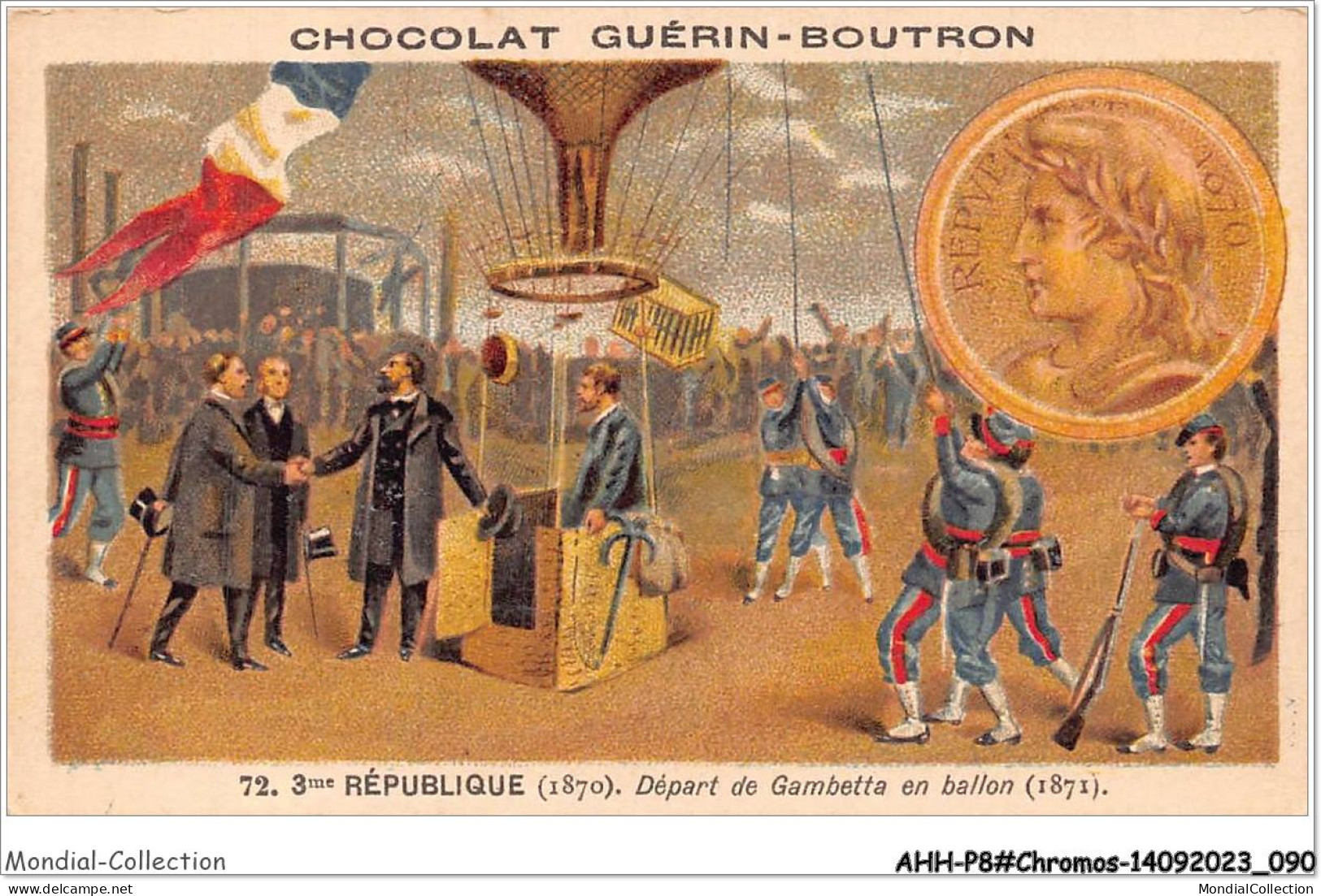 AHHP8-1446 - CHROMOS - CHOCOLAT-GUERIN-BOUTRON - PARIS - 3e Republique - Depart De Gambetta En Ballon - 10,5 X 7cm - Guerin Boutron