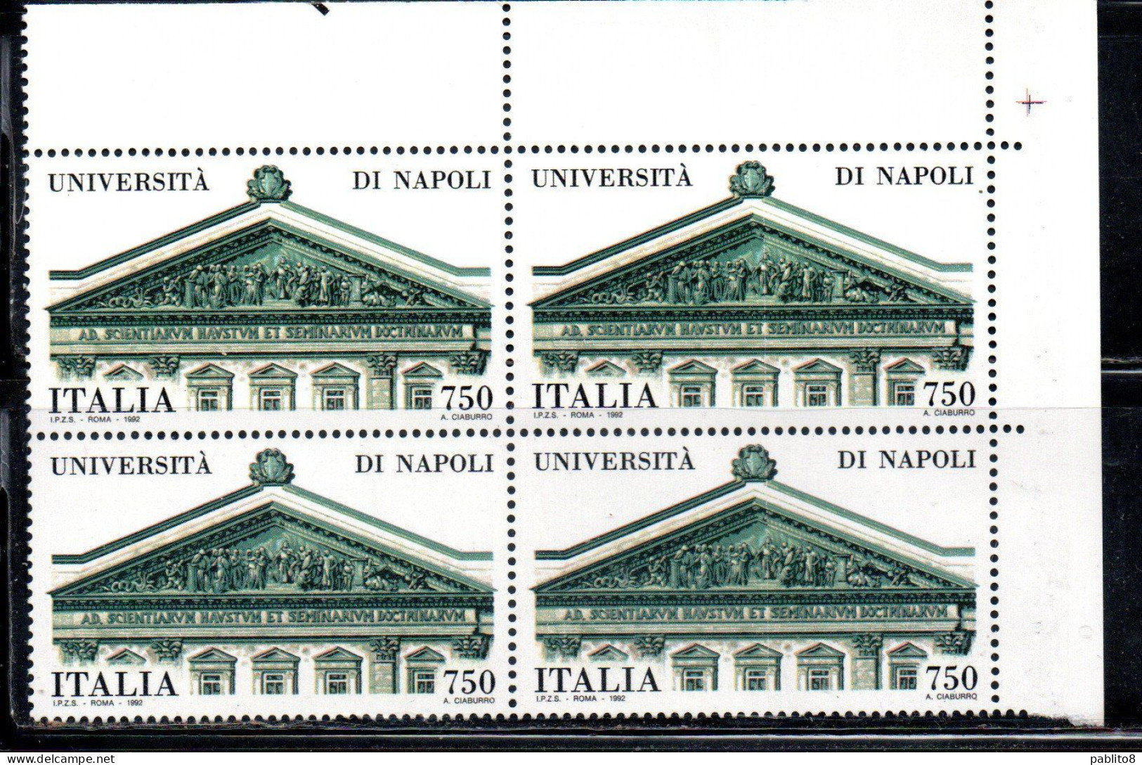 ITALIA REPUBBLICA ITALY REPUBLIC 1992 SCUOLE UNIVERSITA' DI NAPOLI UNIVERSITY SCHOOL QUARTINA ANGOLO DI FOGLIO BLOCK MNH - 1991-00: Ungebraucht