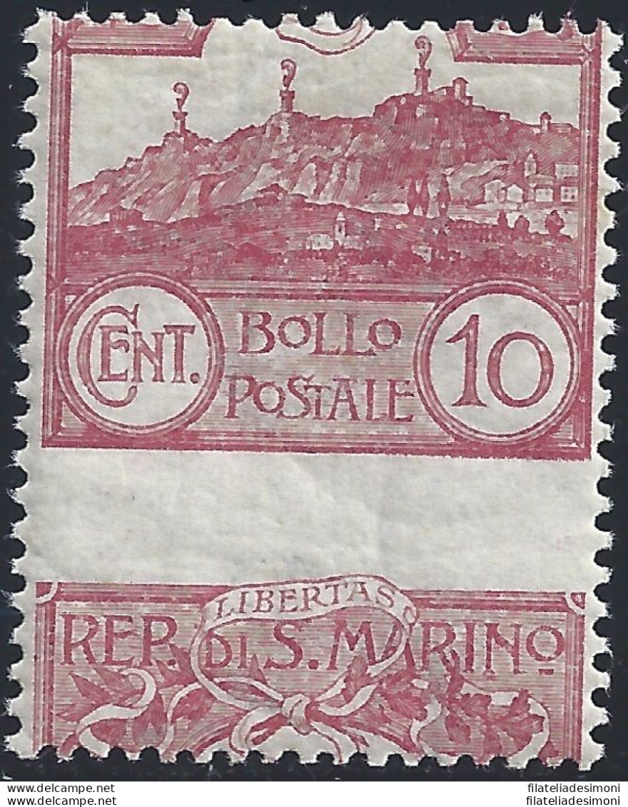1903 SAN MARINO, N. 36b Veduta 10 Cent. Carminio MNH/** VARIETA' - Variétés Et Curiosités
