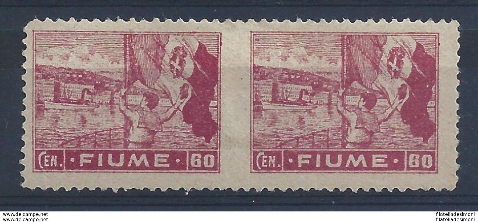 1919 Fiume, N. A43f 60c.+60c. Carminio MH/* COPPIA NON DENTELLATA IN MEZZO - Sonstige & Ohne Zuordnung