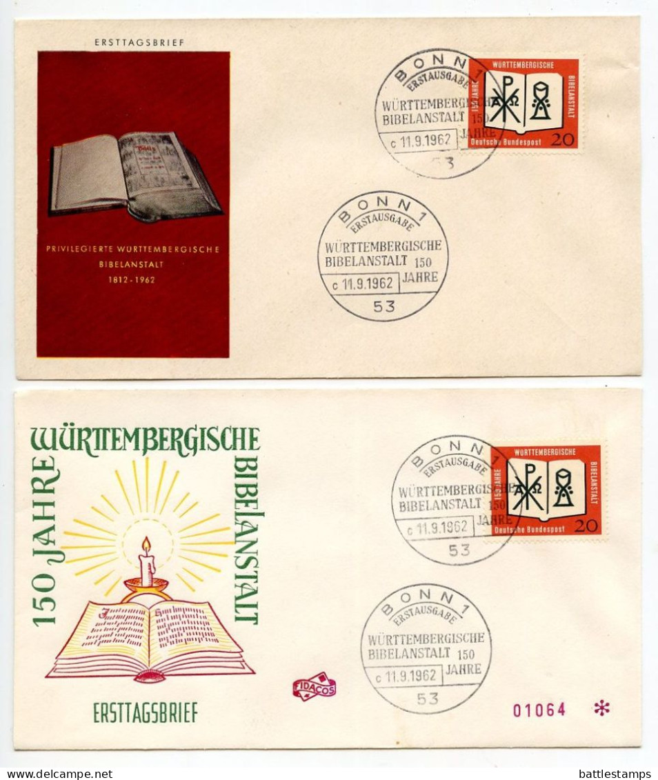Germany, West 1962 4 FDCs Scott 851 Württemberg Bible Society 150th Anniversary - 1961-1970