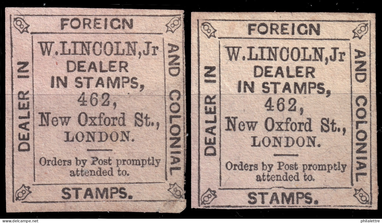 ROYAUME-UNI / UNITED KINGDOM - 2x 1900s/1920s Labels For Stamp Dealer William Lincoln, Jr. Black On Pinkish White - Cinderelas