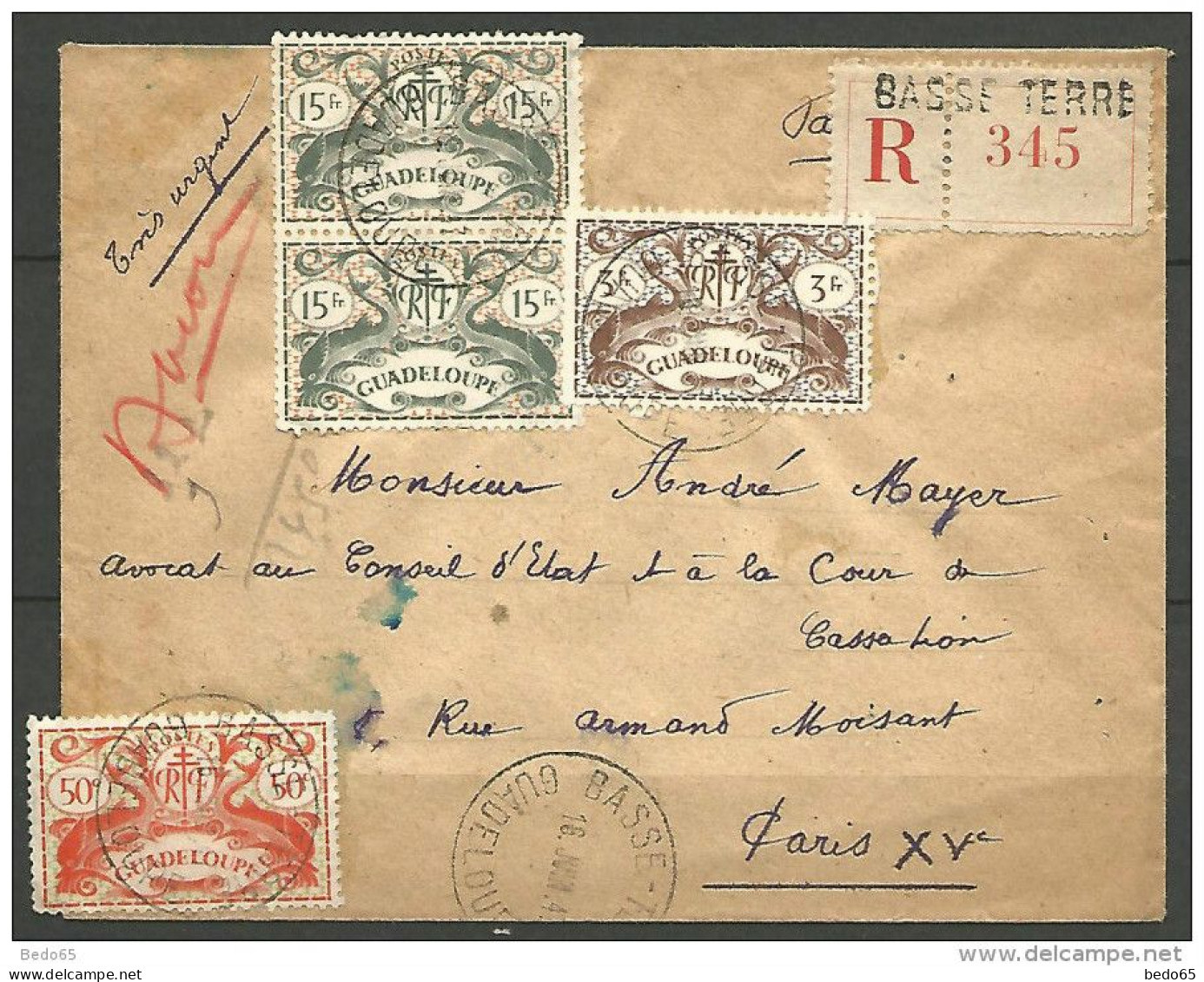 LETTRE RECOMMANDE DE BASSE-TERRE GUADELOUPE   AVEC N° 181 / 190 / 195 TTB - Briefe U. Dokumente