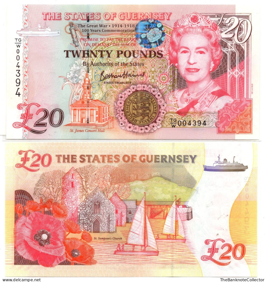 Guernsey 20 Pounds 2018 WWII Commemorative QEII P-63 UNC Prefix TG/W - Guernsey