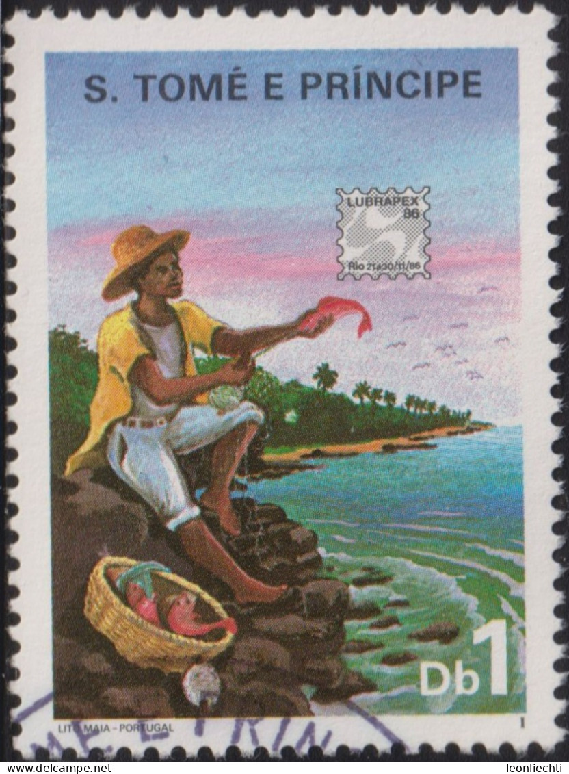 1986 São Tomé Und Príncipe ° Mi:ST 975, Sn:ST 796a, LUBRAPEX '86, Brazil, Fischer, Briefmarkenausstellung - São Tomé Und Príncipe