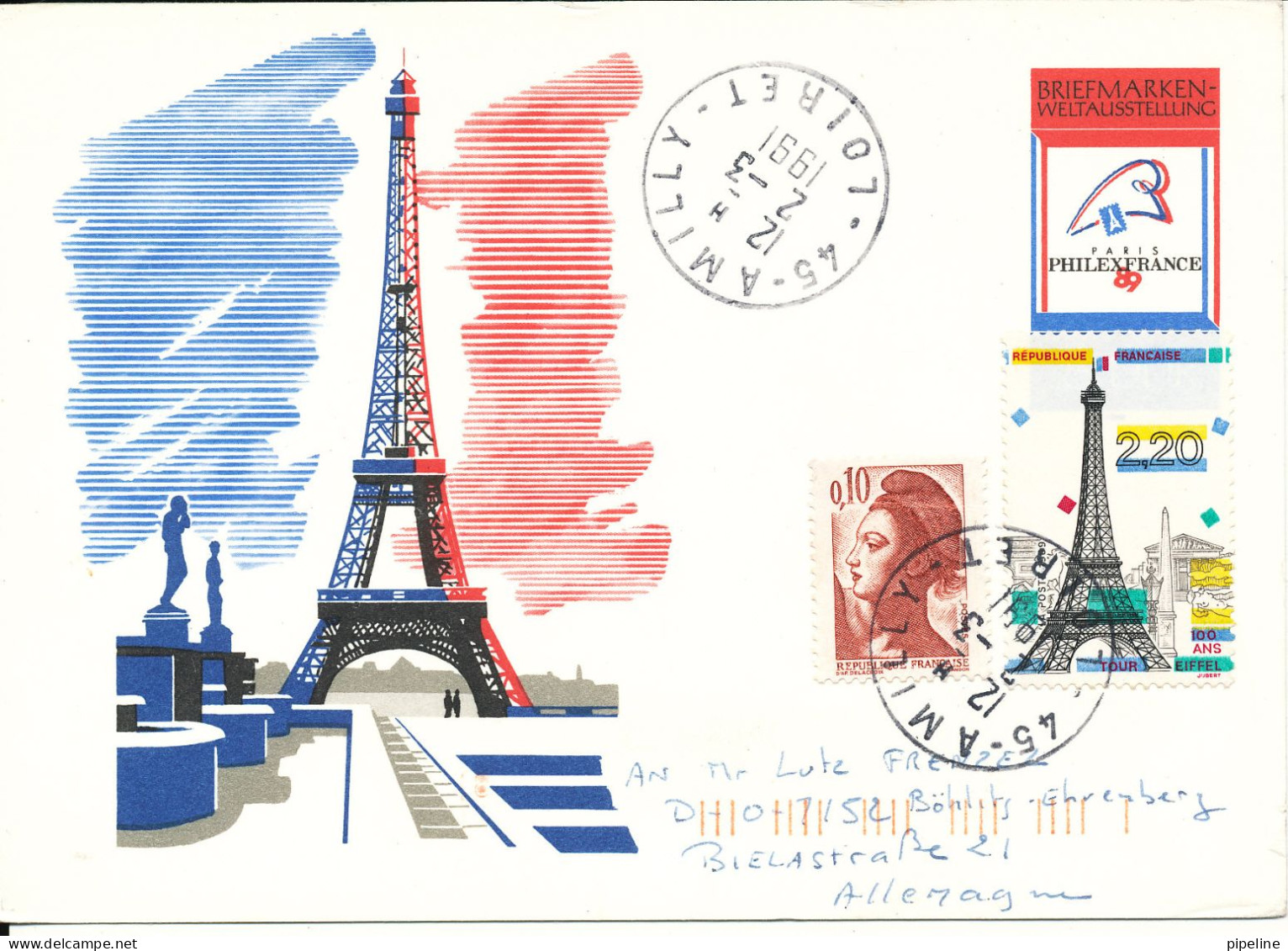 France Uprated Postal Stationery Postcard Philexfrance 89 Eifel Tower Sent To Germany Amilly Loire 2-3-1991 - Kartenbriefe