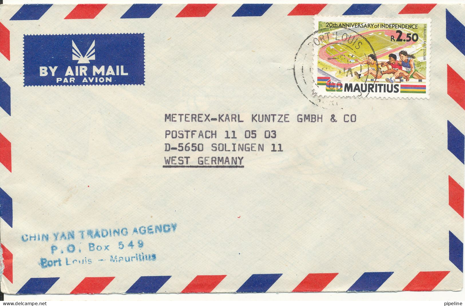 Mauritius Air Mail Cover Sent To Germany 1989 Single Franked - Mauricio (1968-...)