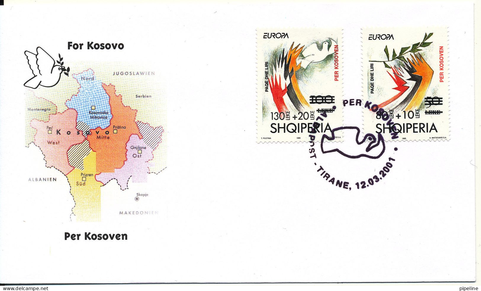 Albania FDC 12-3-2001 Overprinted EUROPA CEPT Stamps With New Value FOR KOSOVO With Nice Cachet - Albanie