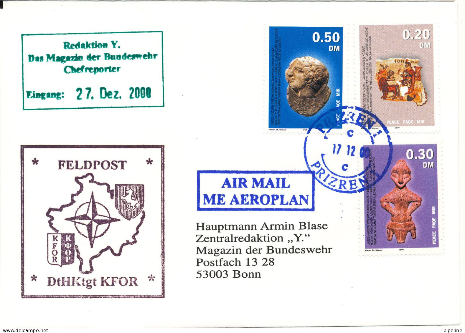 Kosovo Feldpost M DTHKTGT KFOR Sent To Germany 17-12-2000 Received 27-12-2000 - Kosovo