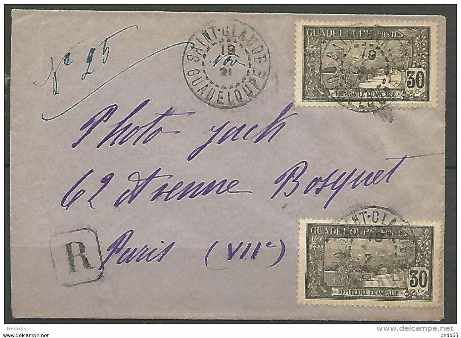 LETTRE RECOMMANDE DE ST-CLAUDE 1921 / GUADELOUPE   AVEC  N° 63 TTB - Storia Postale