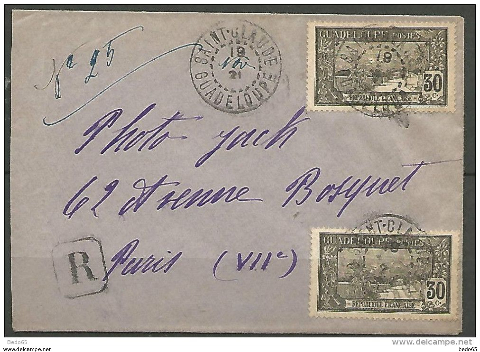 LETTRE RECOMMANDE DE ST-CLAUDE 1921 / GUADELOUPE   AVEC  N° 63 TTB - Briefe U. Dokumente