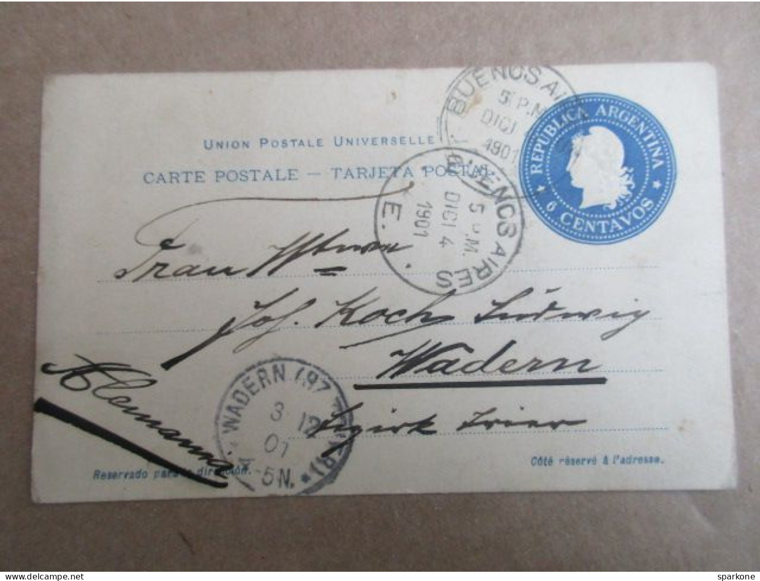 Carte Postale Républica Argentina De 1901 - Buenos Aires - Madern - Entiers Postaux