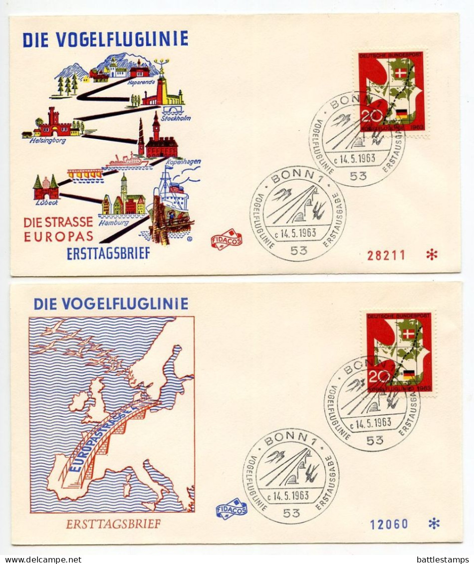 Germany, West 1963 2 FDCs Scott 864 Bird Flight Line Railroad Link Between Germany & Denmark Inauguration - 1961-1970