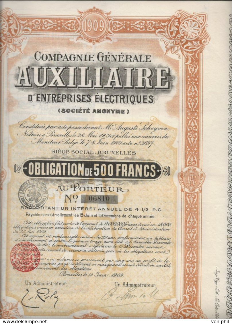 COMPAGNIE GENERALE AUXILIAIRE D'ENTREPRISES ELECTRIQUES -OBLIGATION DE 500 FRS -ANNEE 1909 - Elettricità & Gas