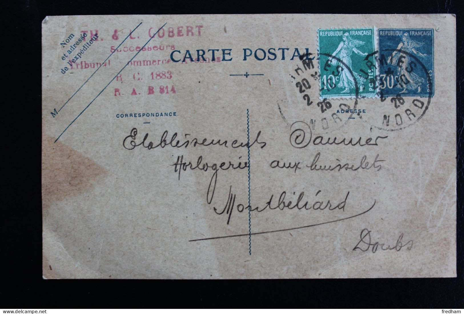 1926 ENTIER  CP 30C SEMEUSE BLEU SUR VERDÂTRE TYPE HD +COMPLEMENT Affrnt SEMEUSE 10C VERT CAD DE FOURMIES 2-10-1926 - Cartes Postales Types Et TSC (avant 1995)