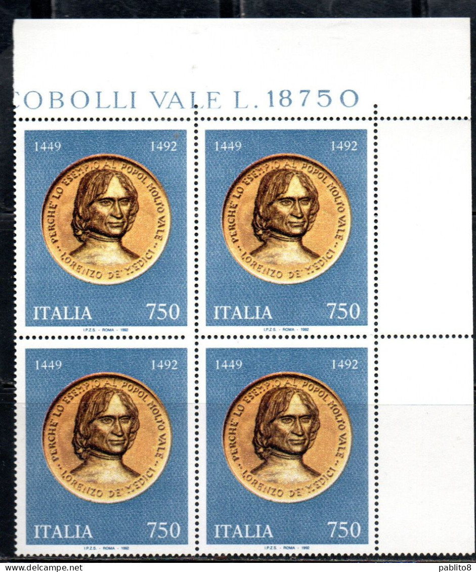 ITALIA REPUBBLICA ITALY REPUBLIC 1992 LORENZO DEI MEDICI DETTO IL MAGNIFICO QUARTINA ANGOLO DI FOGLIO BLOCK MNH - 1991-00: Ungebraucht