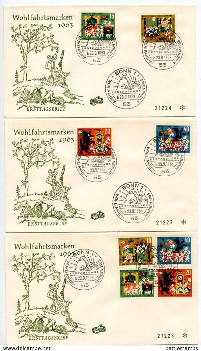 Germany, West 1963 3 FDCs Scott B392-B395 Fairy Tale - The Wolf & The Seven Kids - 1961-1970