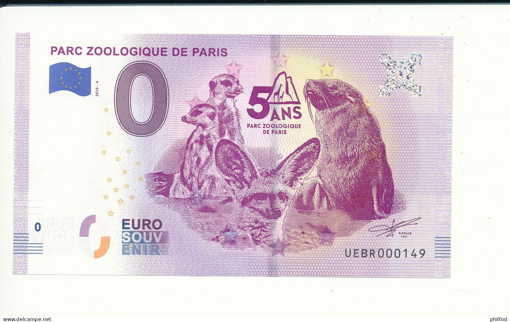 Billet Touristique  0 Euro - PARC ZOOLOGIQUE DE PARIS - UEBR- 2019-4 N° 149 - Billet épuisé - Sonstige & Ohne Zuordnung