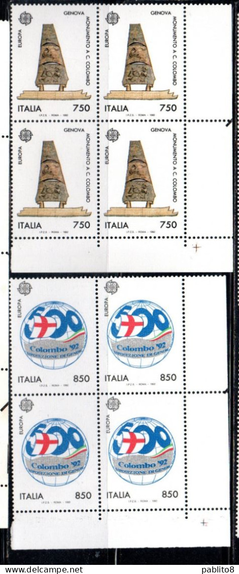 ITALIA REPUBBLICA ITALY REPUBLIC 1992 EUROPA UNITA CEPT SCOPERTA DELL'AMERICA DISCOVERY QUARTINA ANGOLO DI FOGLIO MNH - 1991-00: Ungebraucht