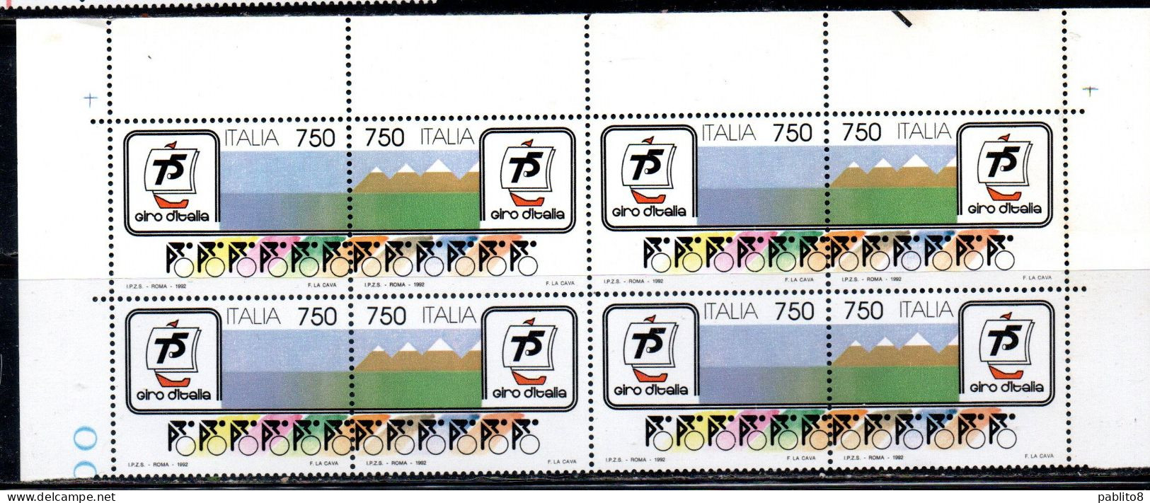 ITALIA REPUBBLICA ITALY REPUBLIC 1992 GIRO CICLISTICO D'ITALIA BLOCCO QUARTINA ANGOLO DI FOGLIO SERIE COMPLETA MNH - 1991-00: Nieuw/plakker
