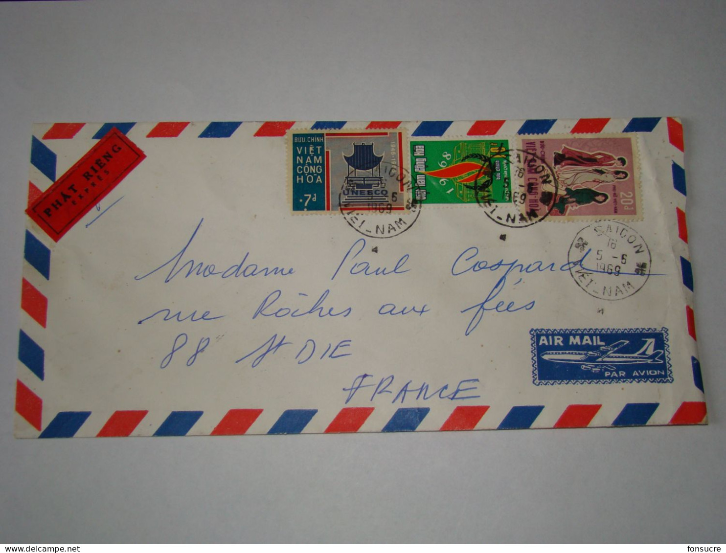 4463 Lettre Par Avion Air Mail Phat Rieng Expres Saïgon Viêt-Nam Cong-Hoa Buu-Chinh + Verso Pour St Dié Vosges 5/6/1969 - Vietnam