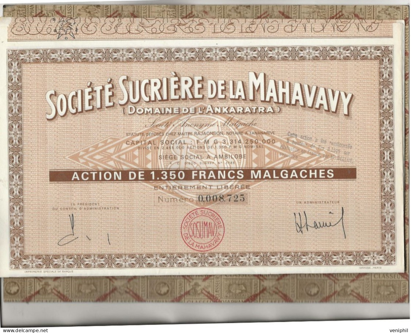 SOCIETE SUCRIERE DE LA MAHAVAVY -SOCIETE ANONYME MALGACHE - LOT DE 6  ACTION DE 1350 FRS MALGACHES - - Afrique
