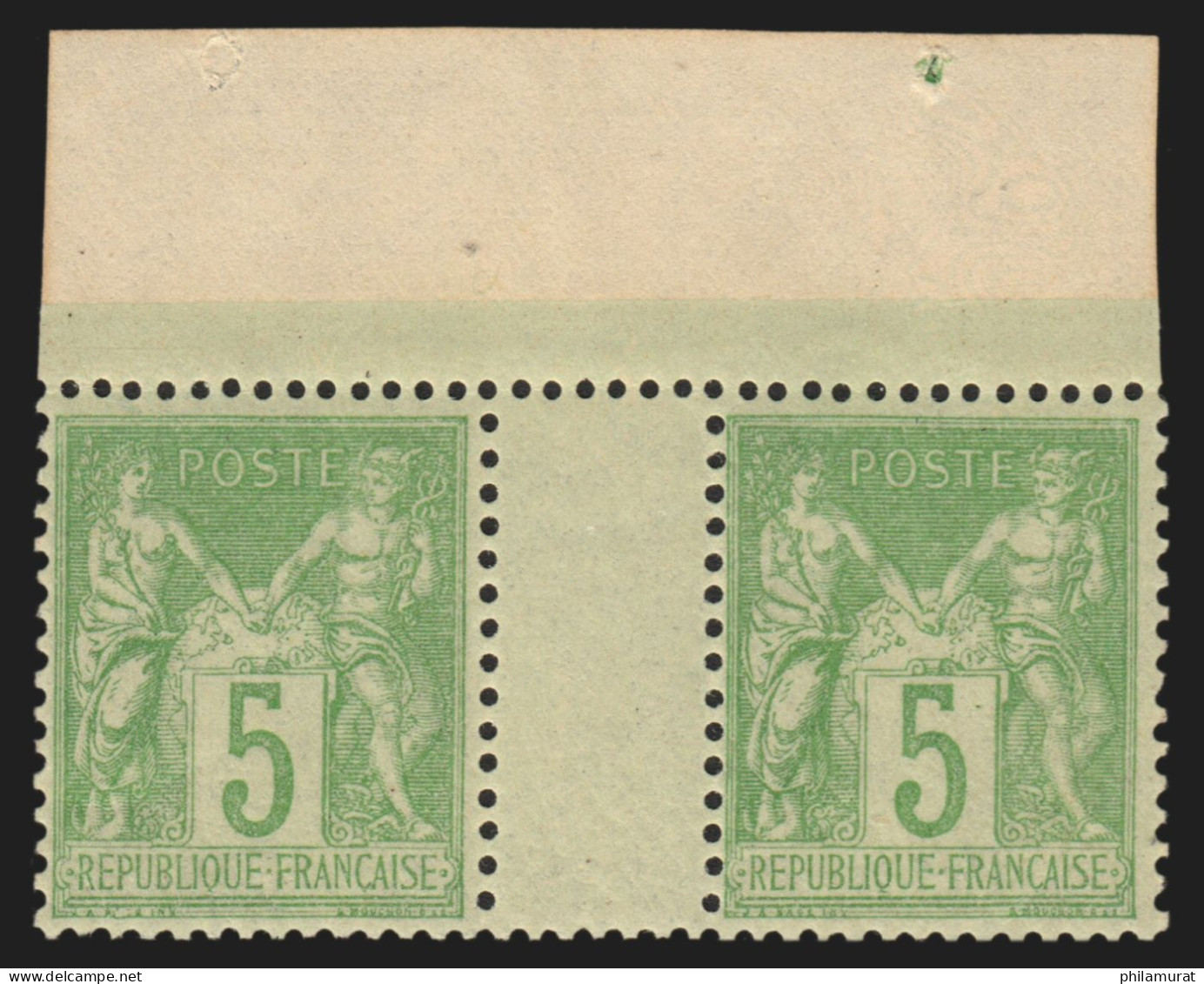 N°102 Paire Bord De Feuille, Sage 5c Vert-jaune, Neuf * Infime Charnière - TB - 1898-1900 Sage (Tipo III)