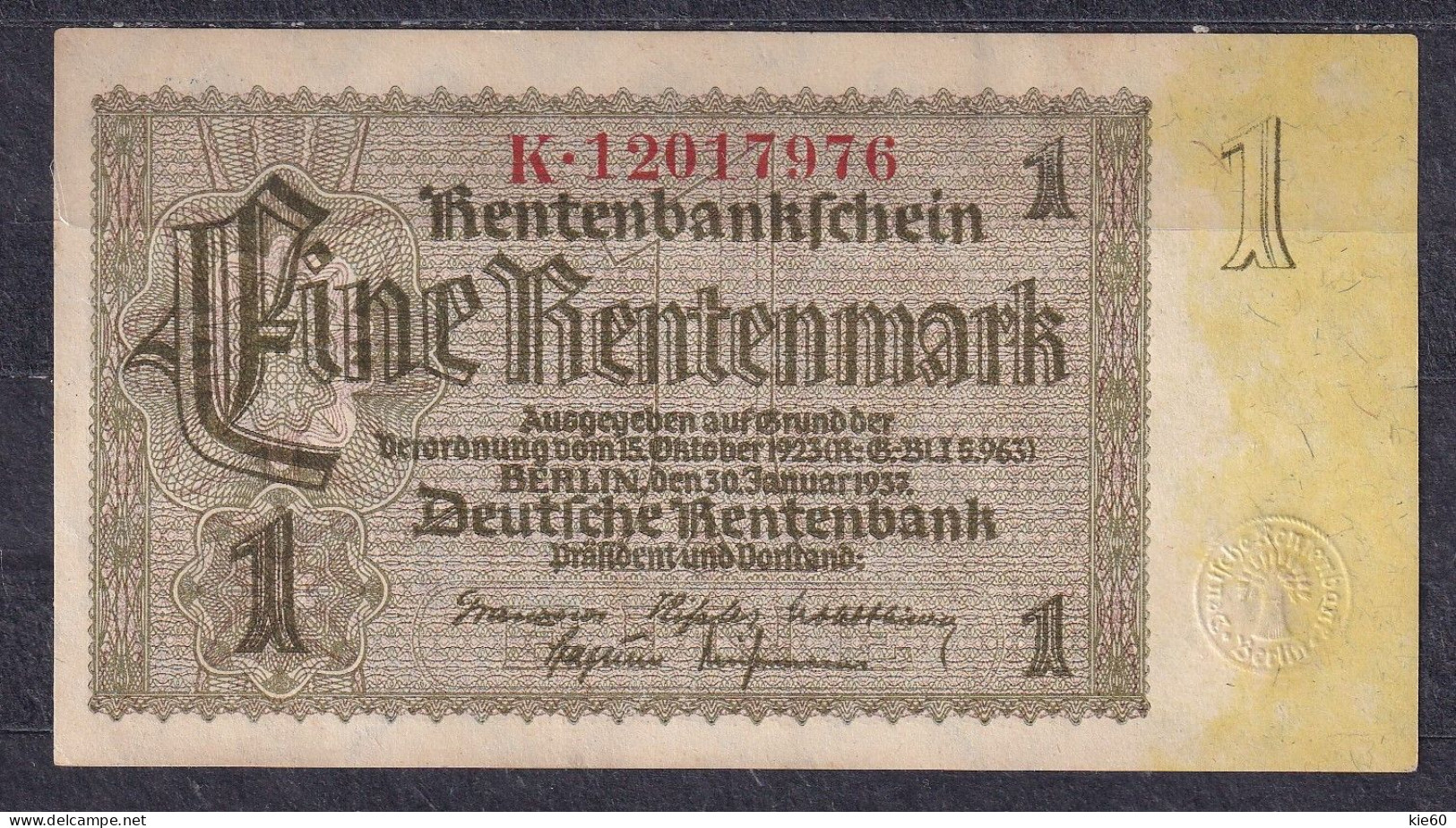 Germany - 1937  - 1 Rentenmark -  K ..P-173b1...AU - 1 Rentenmark