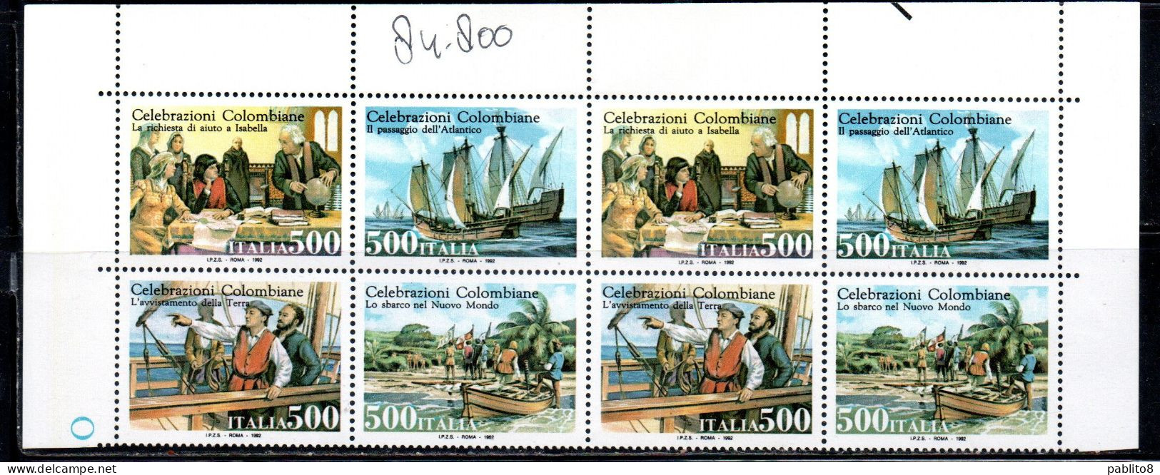 ITALIA REPUBBLICA ITALY REPUBLIC 1992 MANIFESTAZIONI COLOMBIANE SCOPERTA DELL'AMERICA BLOCCO SUPERIORE DI FOGLIO MNH - 1991-00: Neufs