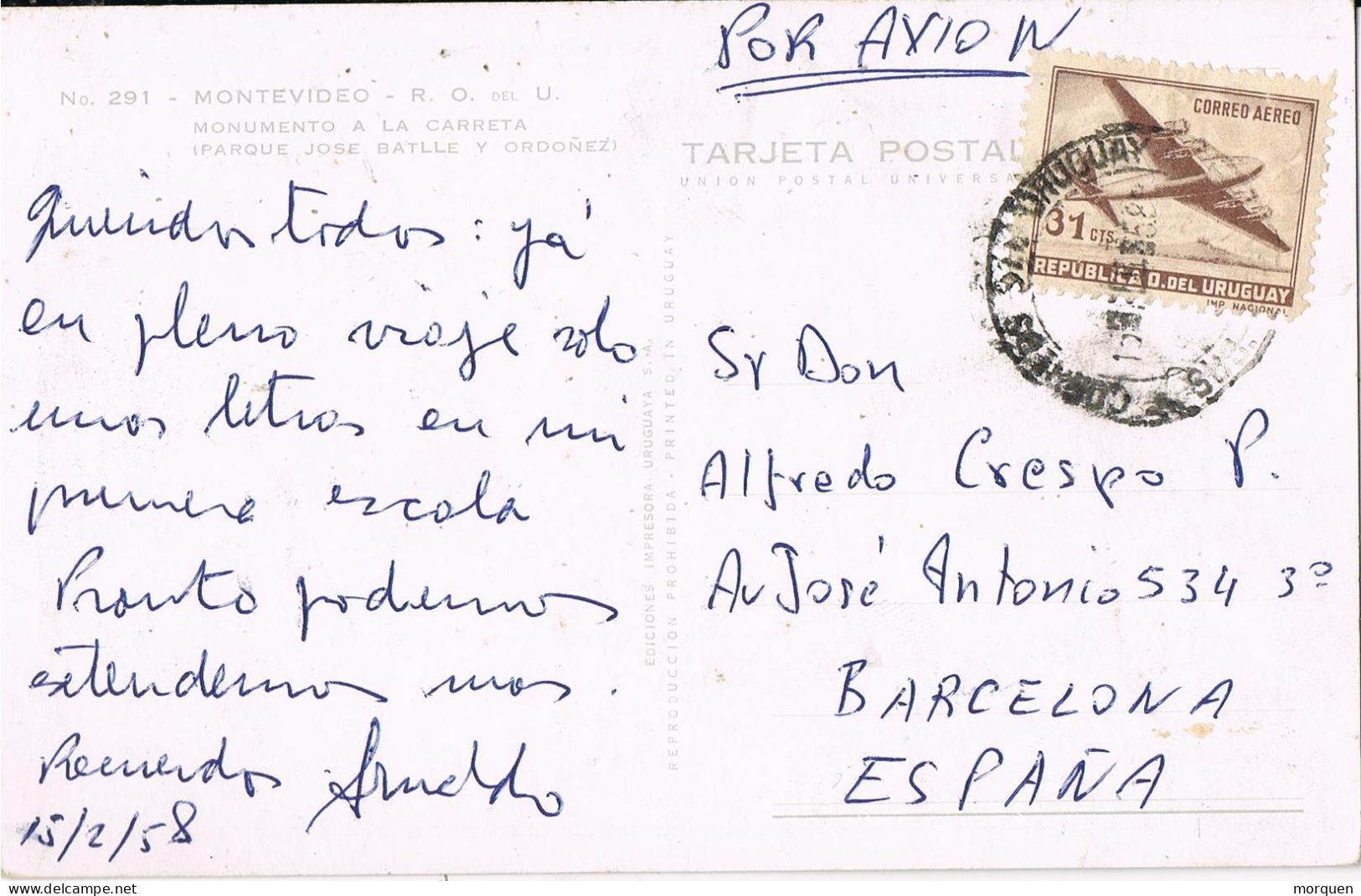 54492. Postal Aerea MONTEVIDEO (Uruguay) 1958. Monumento A La Carreta De Montevideo - Uruguay