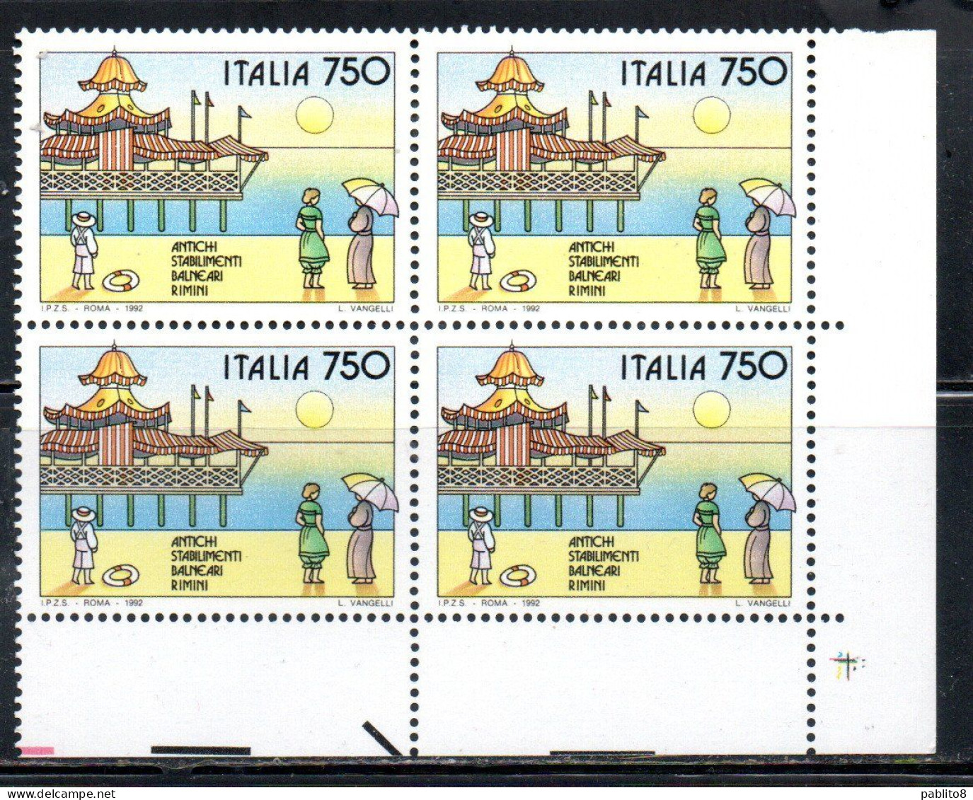 ITALIA REPUBBLICA ITALY REPUBLIC 1992 ANTICHI STABILIMENTI BALEARI RIMINI QUARTINA ANGOLO DI FOGLIO BLOCK MNH - 1991-00: Nieuw/plakker