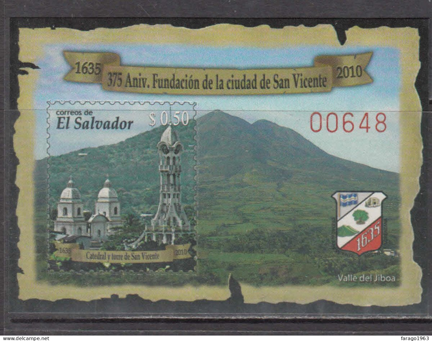 2010 El Salvador  City Of San Vincente Volcano Coat Of Arms Souvenir SheetMNH - El Salvador