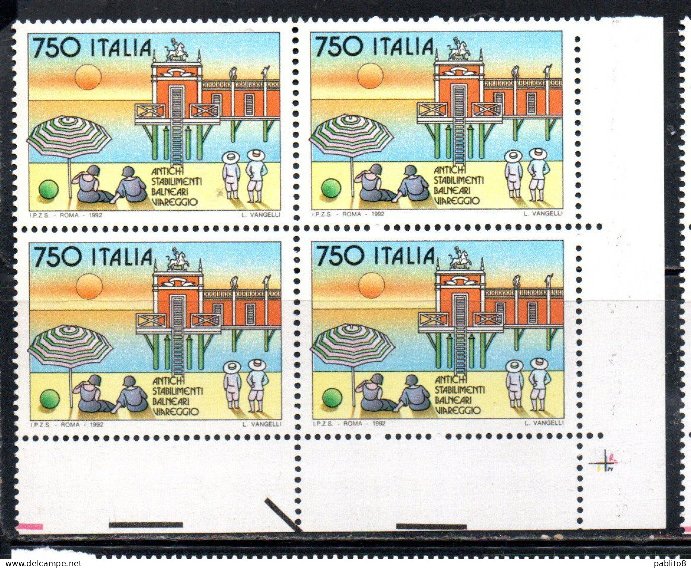 ITALIA REPUBBLICA ITALY REPUBLIC 1992 ANTICHI STABILIMENTI BALNEARI VIAREGGIO QUARTINA ANGOLO DI FOGLIO BLOCK MNH - 1991-00: Nieuw/plakker