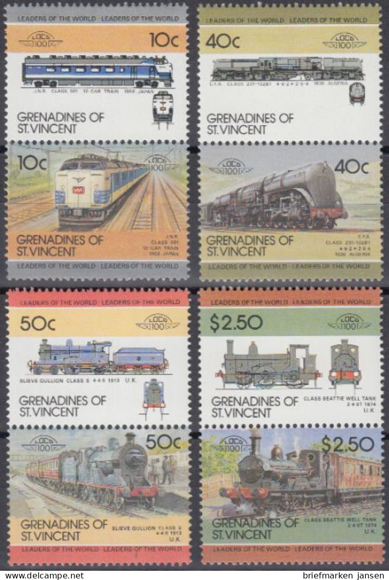 St.Vincent-Grenadinen Mi.Nr. 401-08 Lokomotiven (4 Paare) - St.Vincent (1979-...)