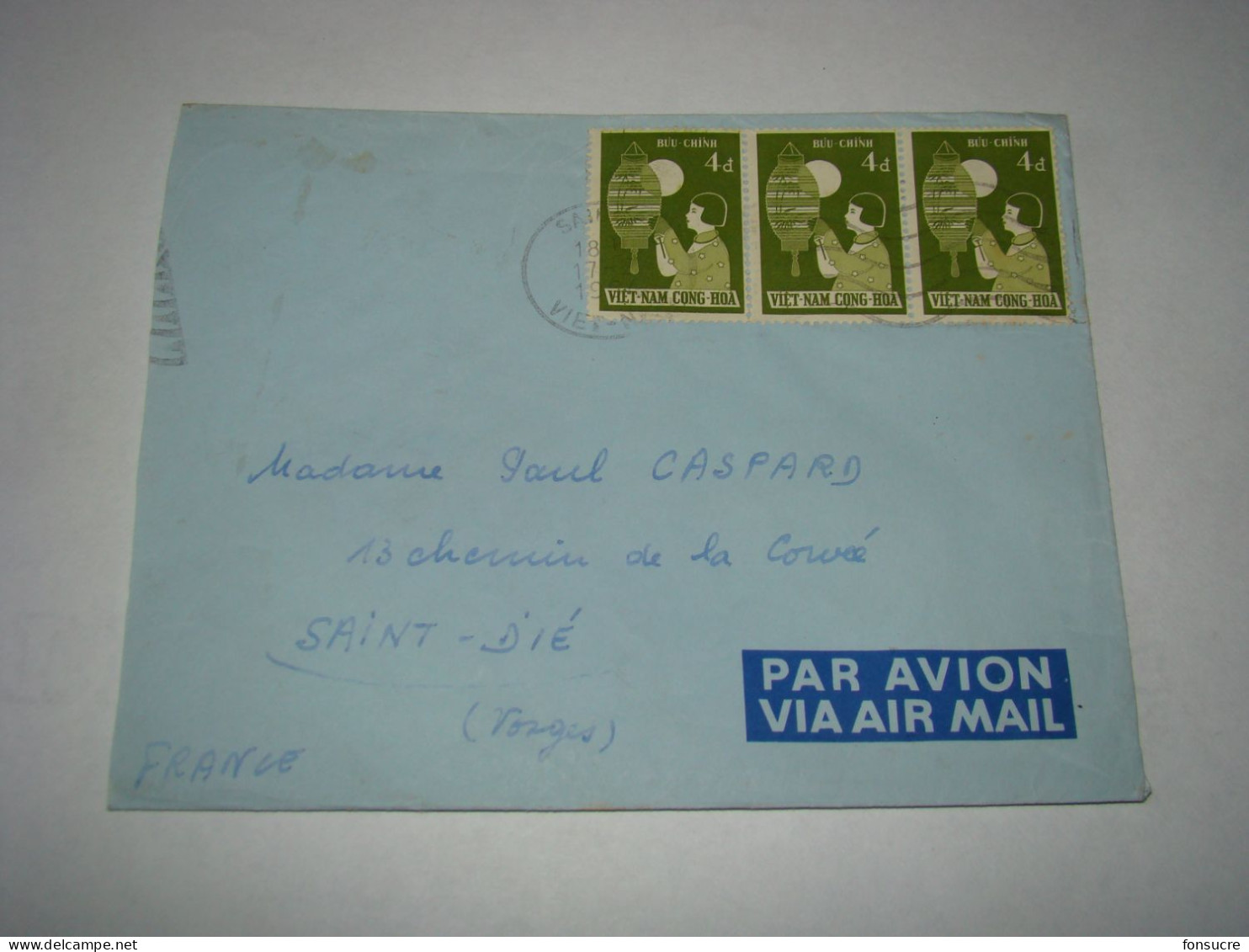 4357 Lettre Par Avion Air Mail Saïgon Viêt-Nam Cong-Hoa Buu-Ching Trio Bande De 3 Pour St Dié Vosges France 17/02/1954 - Vietnam