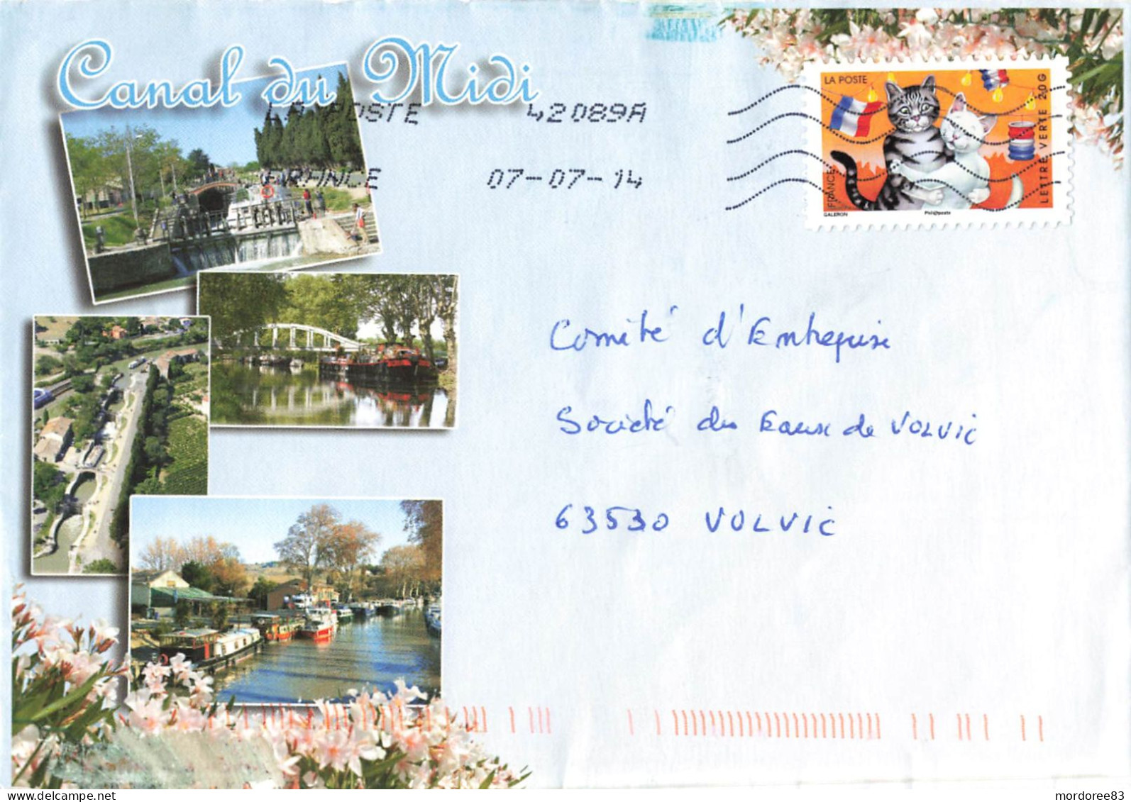 CHATS YT 980 SEUL SUR ENVELOPPE ILLUSTREE CANAL DU MIDI 7/7/2014 POUR VOLVIC - Cartas & Documentos