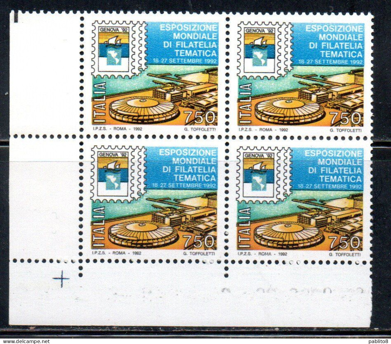 ITALIA REPUBBLICA ITALY 1992 ESPOSIZIONE DELLA  FILATELIA GENOVA 92 STAMP EXHIBITION QUARTINA ANGOLO DI FOGLIO MNH - 1991-00:  Nuevos