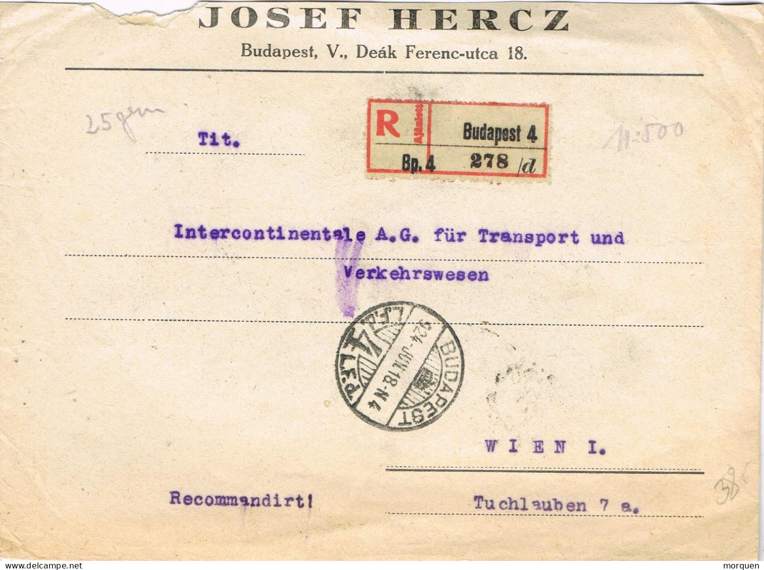 54495. Carta Certificada  BUDAPEST (Hungria) 1918. Franqueo En Dorso A Wien, Austria - Brieven En Documenten