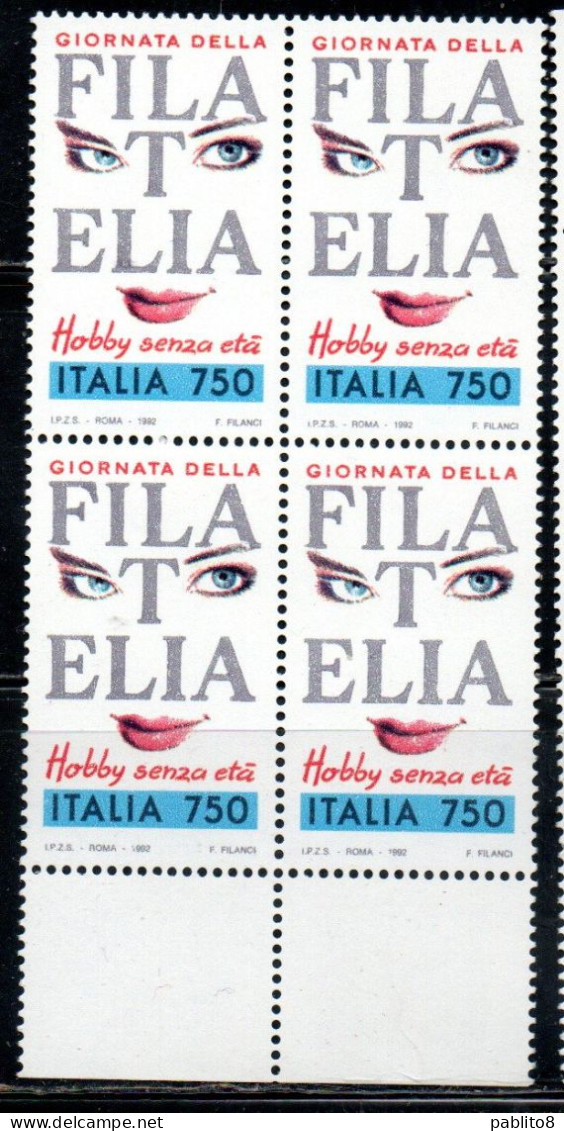 ITALIA REPUBBLICA ITALY REPUBLIC 1992 GIORNATA DELLA FILATELIA STAMP DAY QUARTINA BORDO DI FOGLIO BLOCK MNH - 1991-00: Mint/hinged