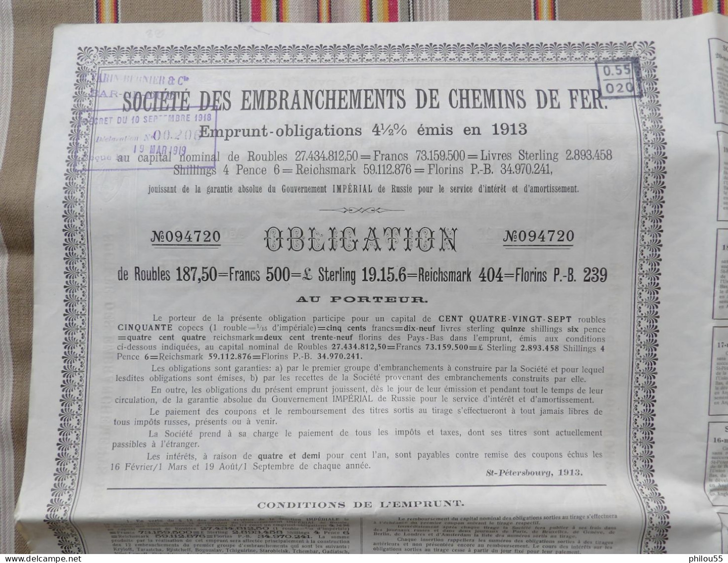 EMPRUNT SOCIETE DES EMBRANCHEMENTS DE CHEMINS DE FER   4 1/2 % 1913 - Russia