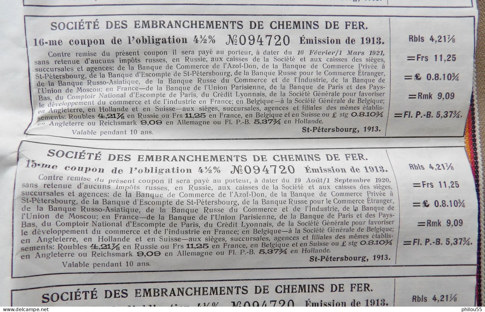 EMPRUNT SOCIETE DES EMBRANCHEMENTS DE CHEMINS DE FER   4 1/2 % 1913 - Rusia