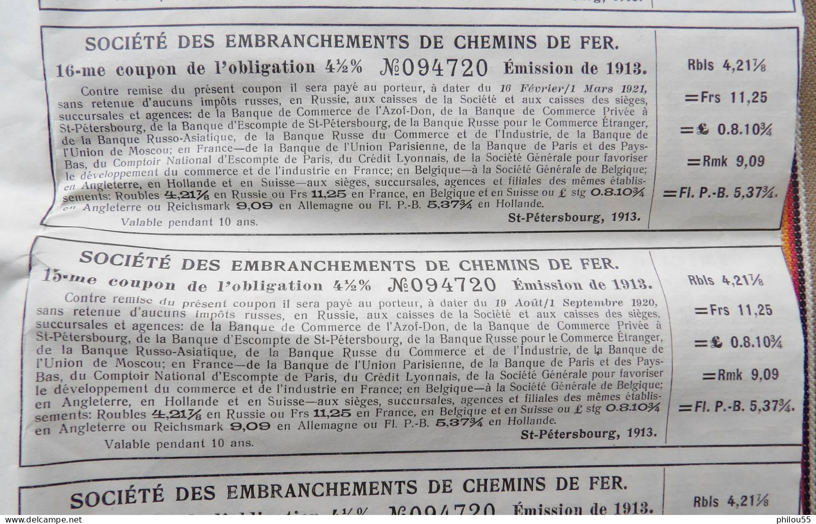 EMPRUNT SOCIETE DES EMBRANCHEMENTS DE CHEMINS DE FER   4 1/2 % 1913 - Russia