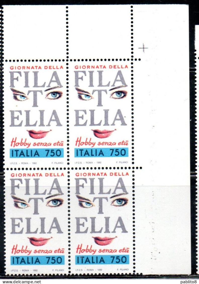 ITALIA REPUBBLICA ITALY REPUBLIC 1992 GIORNATA DELLA FILATELIA STAMP DAY QUARTINA ANGOLO DI FOGLIO BLOCK MNH - 1991-00:  Nuevos