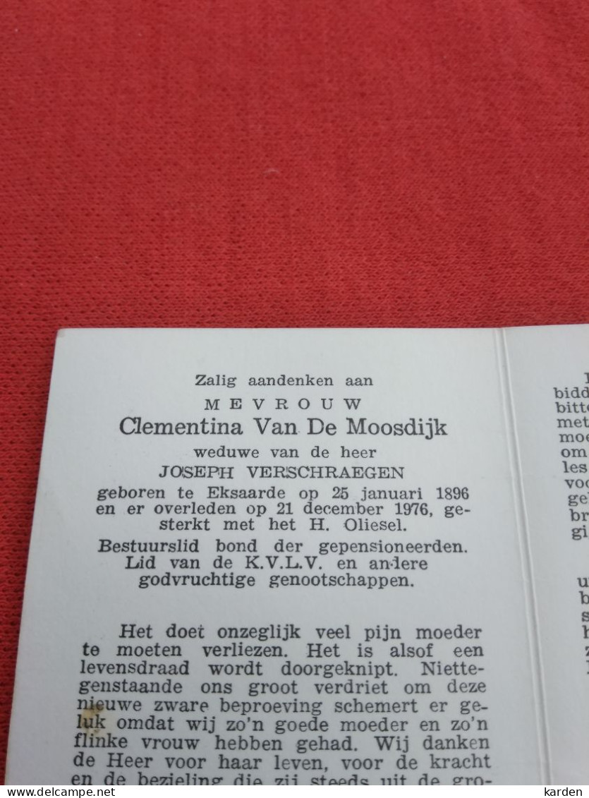 Doodsprentje Clementina Van De Moosdijk / Eksaarde 25/1/1896 - 21/12/1976 ( Joseph Verschraegen ) - Religion &  Esoterik