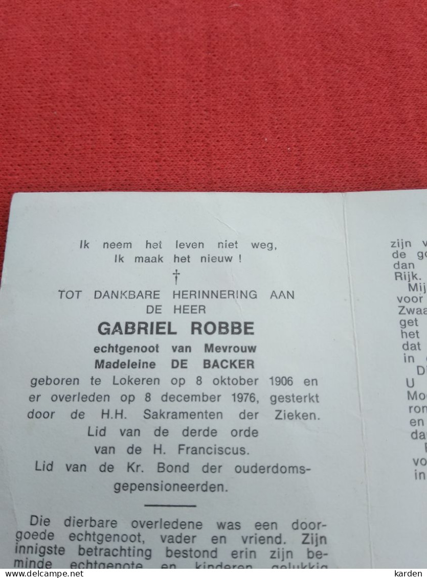 Doodsprentje Gabriel Robbe / Lokeren 8/10/1906 - 8/12/1976 ( Madeleine De Backer ) - Religion &  Esoterik