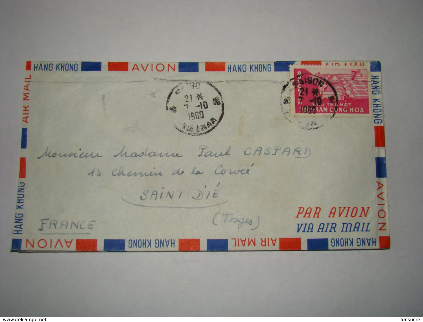 4253 Lettre Par Avion Air Mail Hang Khong Saïgon Viêt-Nam Cong-Hoa Buu-Ching Pour St Dié Vosges France 7/10/1960 - Vietnam