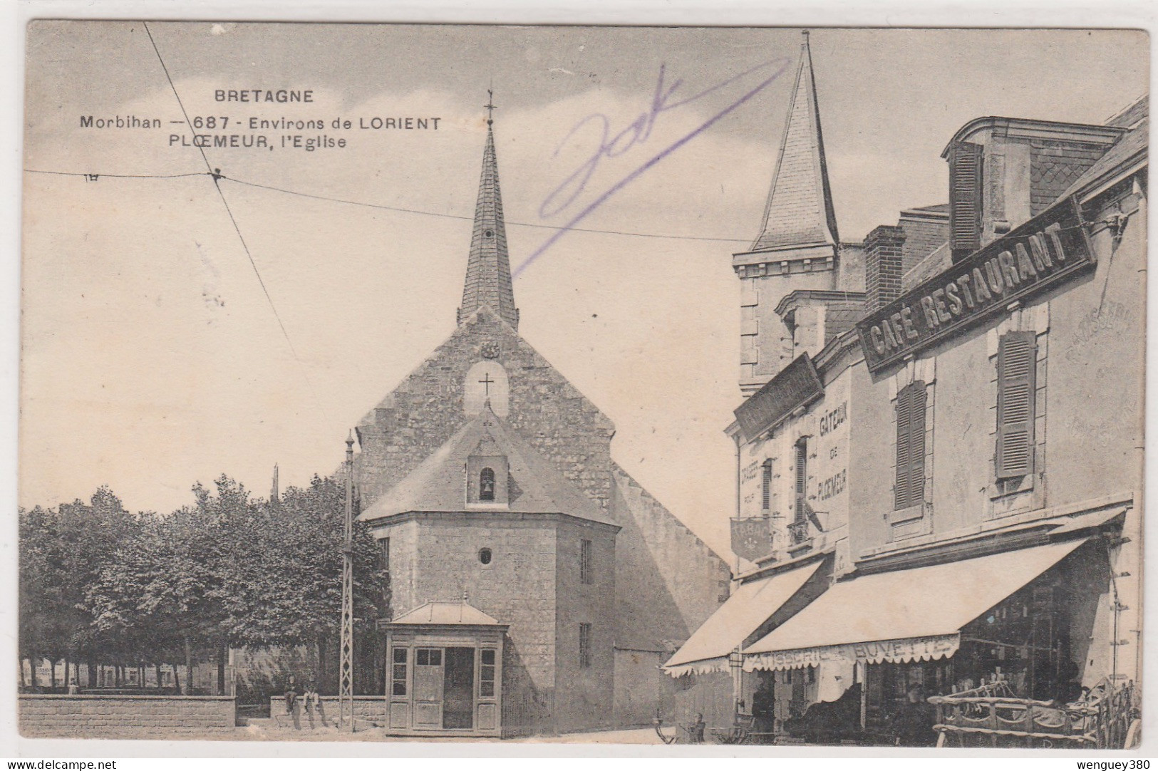 56 PLOEMEUR .Environs De LORIENT.   L'Eglise ...et Commerces    TB PLAN  MTIL  1907     RARE - Ploemeur