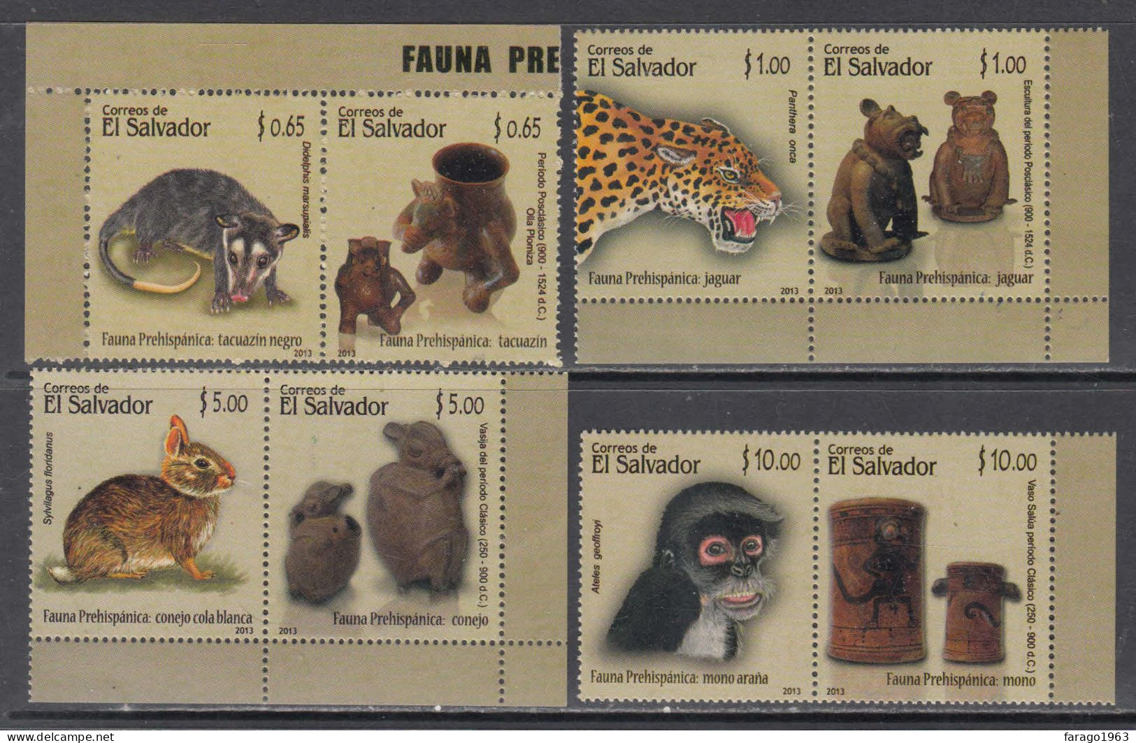 2013 El Salvador Fauna  Animals & Pre-Columbian Ceramic Depictions Monkeys Jaguar  Complete Set Of 4 Pairs MNH - Salvador