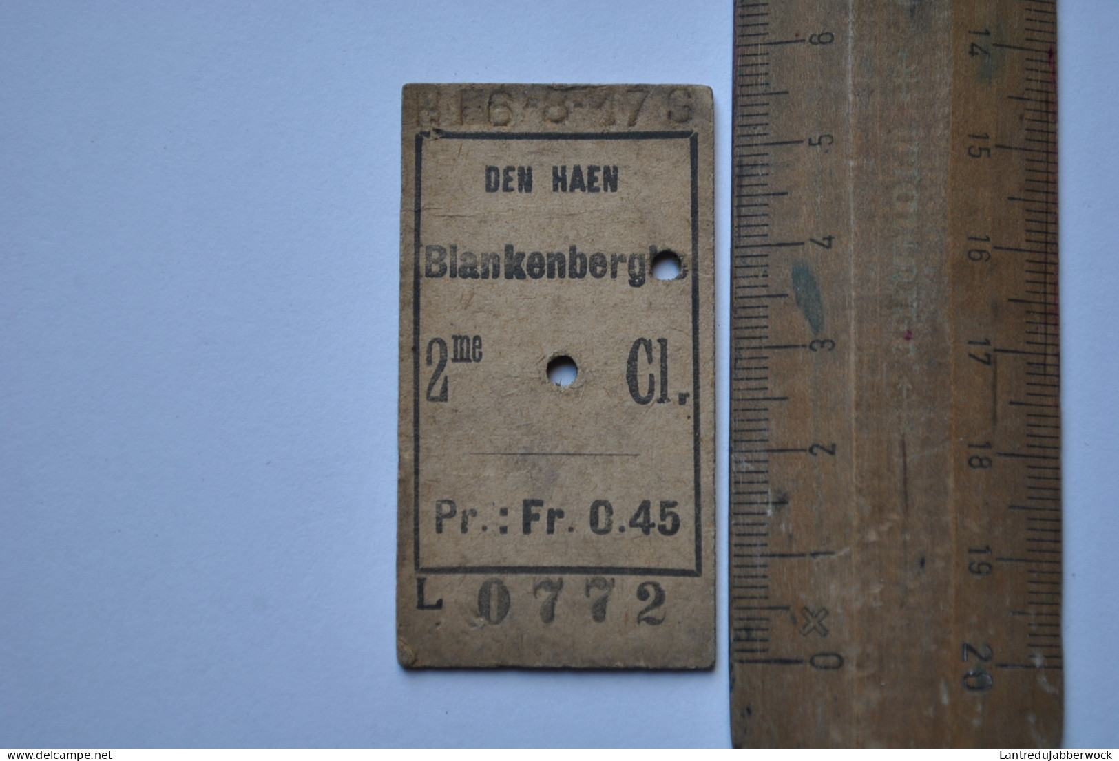 Ancien Ticket Tram Tramway En Carton DEN HAEN BLANKENBERGHE 2è Classe 0.45 Fr RARE Poinçonné - Europa