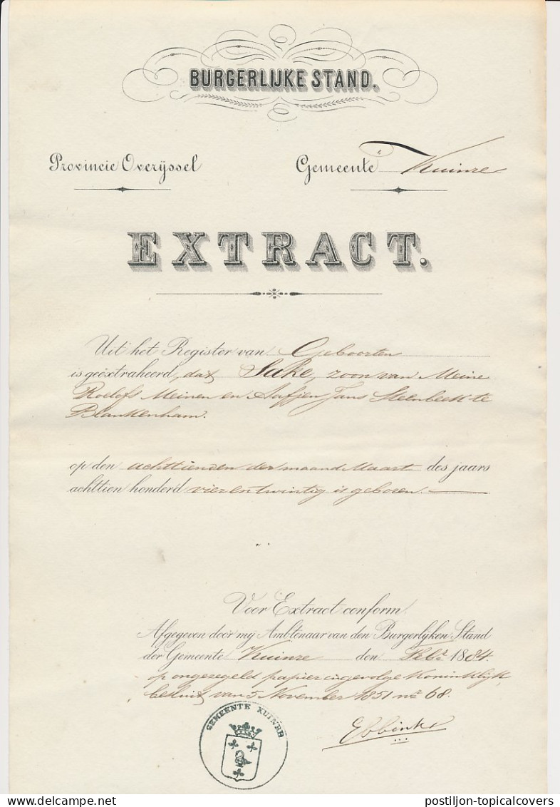 Extract Burgerlijke Stand - Kuinre 1884 - Revenue Stamps
